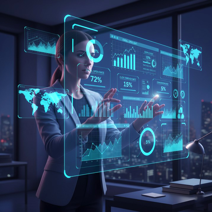 Email Marketing Marketer analyzing email campaign data on a digital dashboard with charts and graphs.