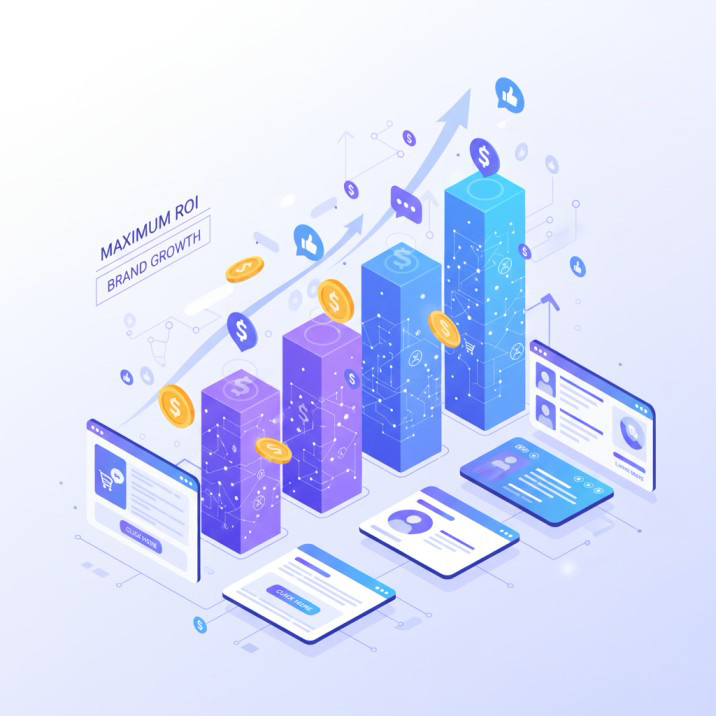 Pay-Per-Click (PPC) PPC illustration showing growth chart, ads, and user engagement