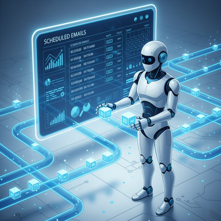 Email Marketing Robot sending automated emails consistently.