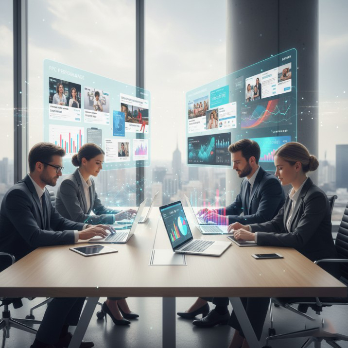 Pay-Per-Click (PPC) Team analyzing PPC performance charts and ad metrics on laptops and tablets.