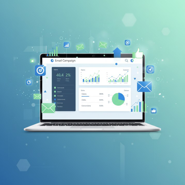 Email Marketing Wave made of email envelopes and charts carrying a brand logo upward, symbolizing growth and momentum in email marketing.
