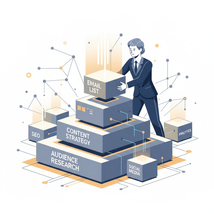 Email Marketing Marketer building solid foundation blocks labeled Email List, Content Strategy, Audience Research.