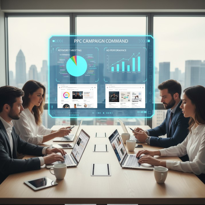 Pay-Per-Click (PPC) PPC campaign dashboard with metrics, keyword targeting, and ads on devices.