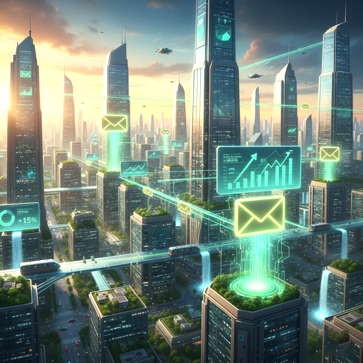 Email Marketing Futuristic city skyline powered by email icons, symbolizing sustainable marketing growth.