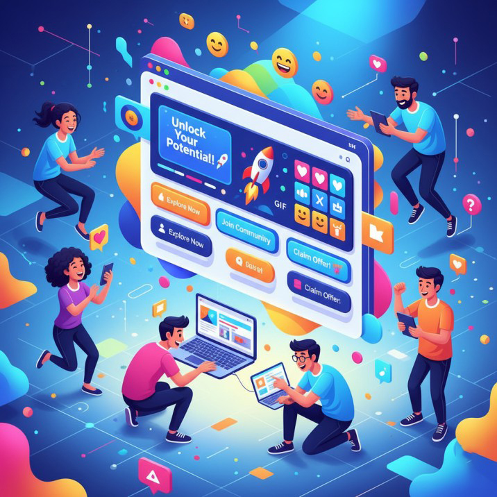 Email Marketing Vibrant email marketing campaign with interactive visuals and happy users on devices.